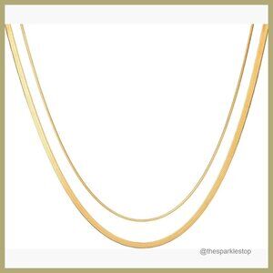 14K Gold Plated Layered Necklace Set, Snake & Herringbone Chains, Adjustable
